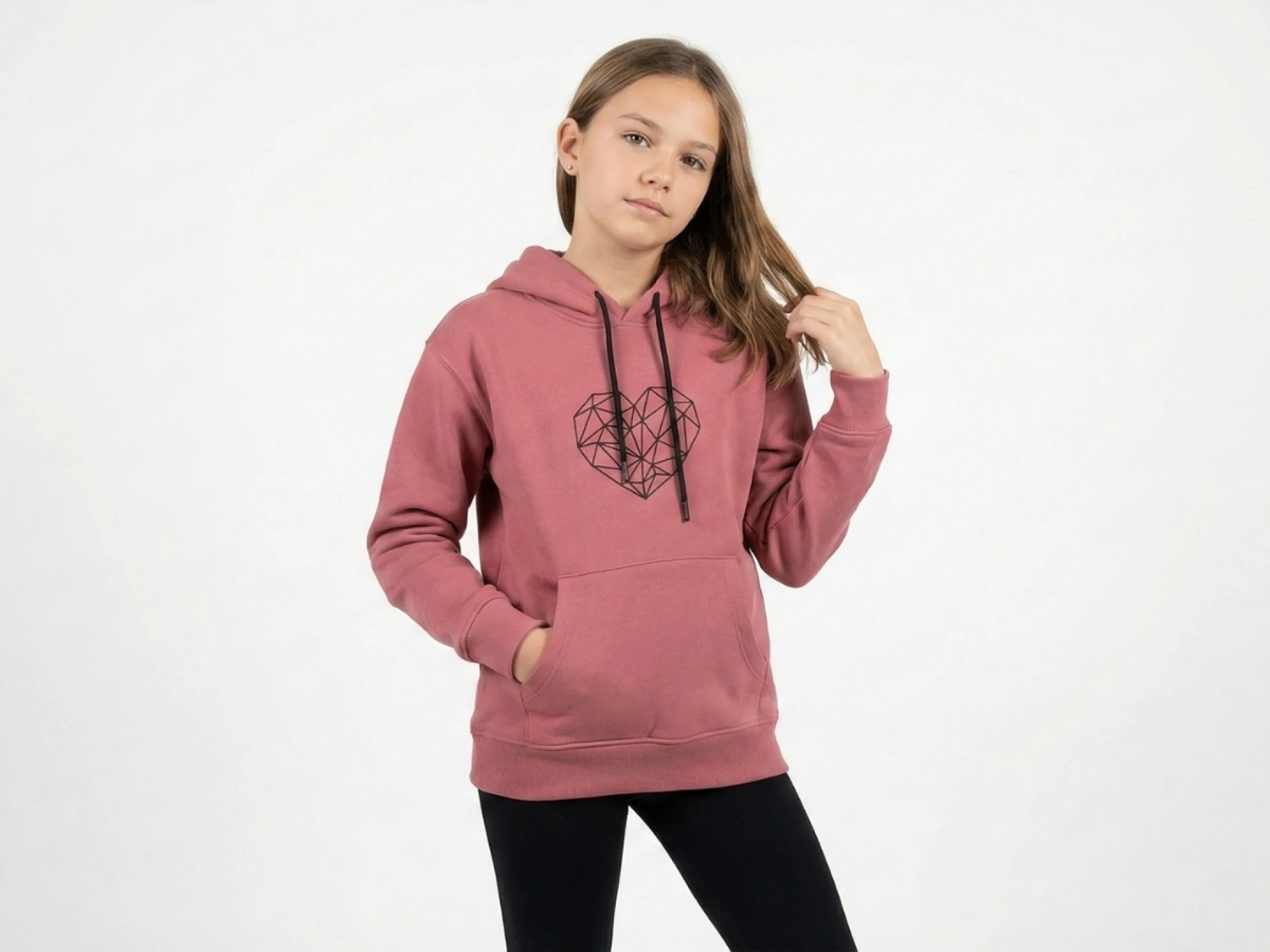 10/14 YAŞ 3 İP ŞARDONLU Geometrik Kalp Baskılı ve Kapüşonlu Kız Çocuk Sweatshirt