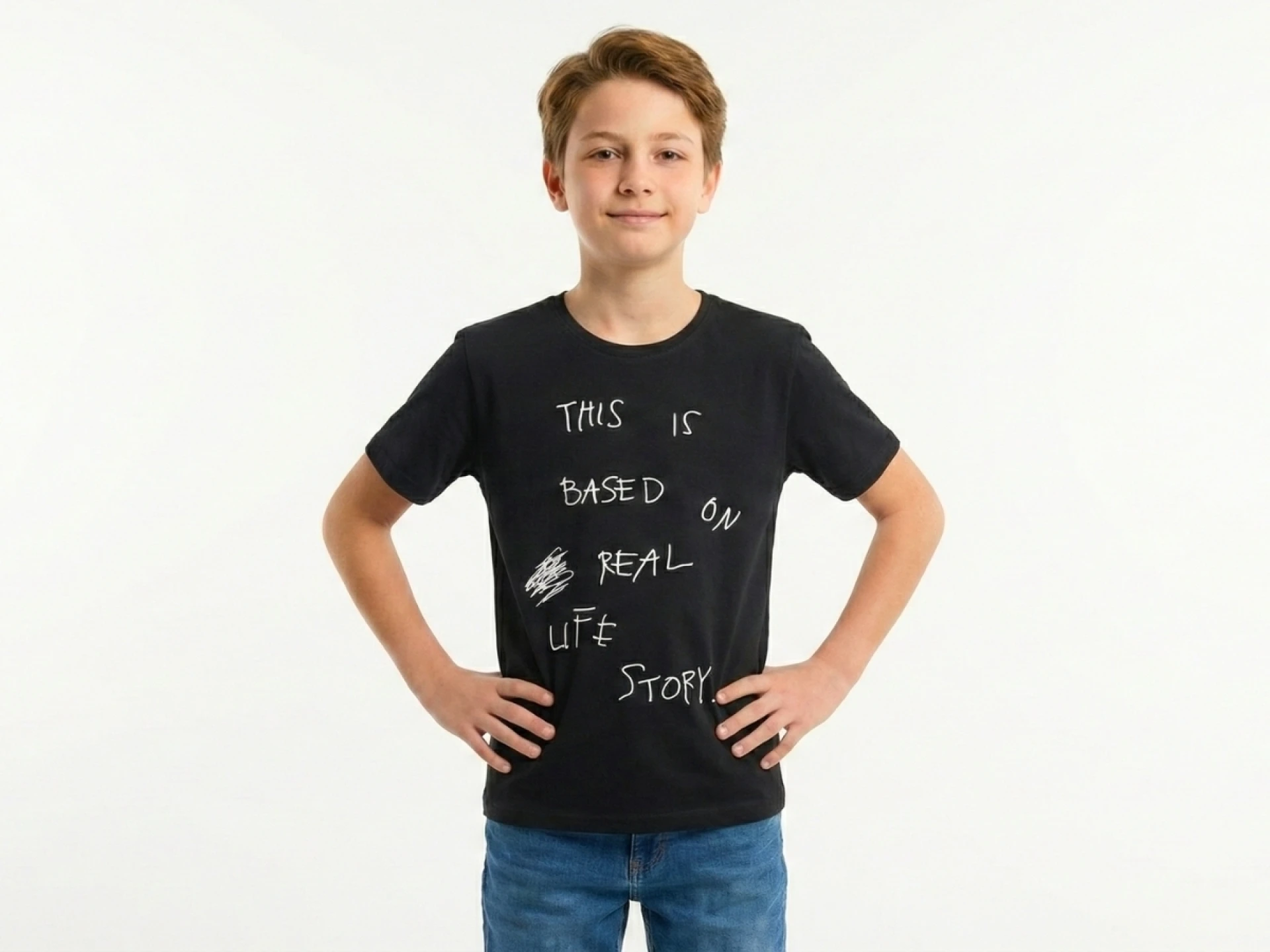 10/15 YAŞ 36/1 KOMPAKT "Real Life Story" Slogan Baskılı Erkek Çocuk Tişört