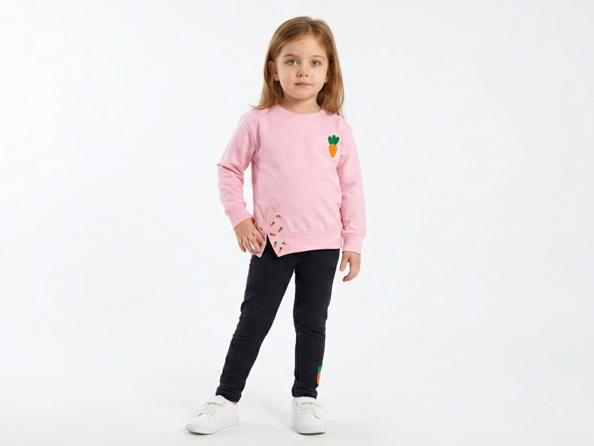 1/5 YAŞ 36/1 KOMPAKT PENYE Havuç Nakışlı ve Fiyonk Detaylı Kız Çocuk Taytlı Takım