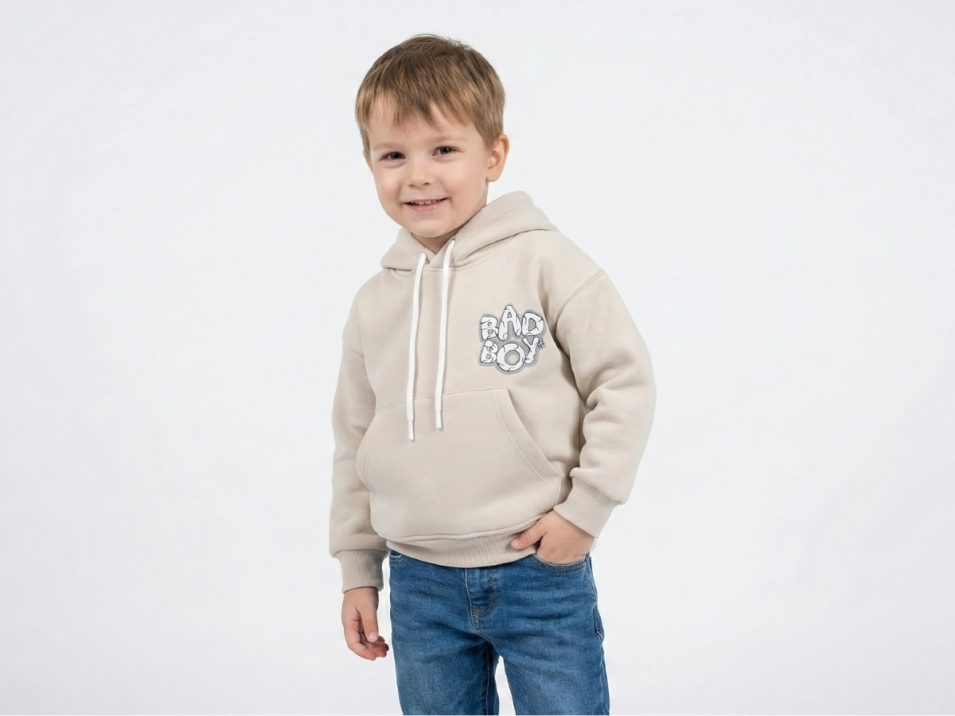 2/6 YAŞ 3 İP ŞARDONLU "Bad Boy" Baskılı ve Kapüşonlu Erkek Çocuk Sweatshirt