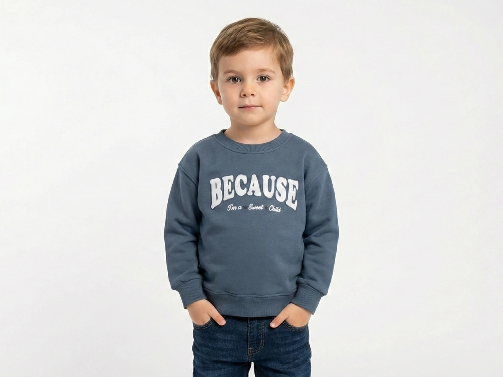 2/6 YAŞ 3 İP ŞARDONLU "Because" Slogan Baskılı Erkek Çocuk Sweatshirt