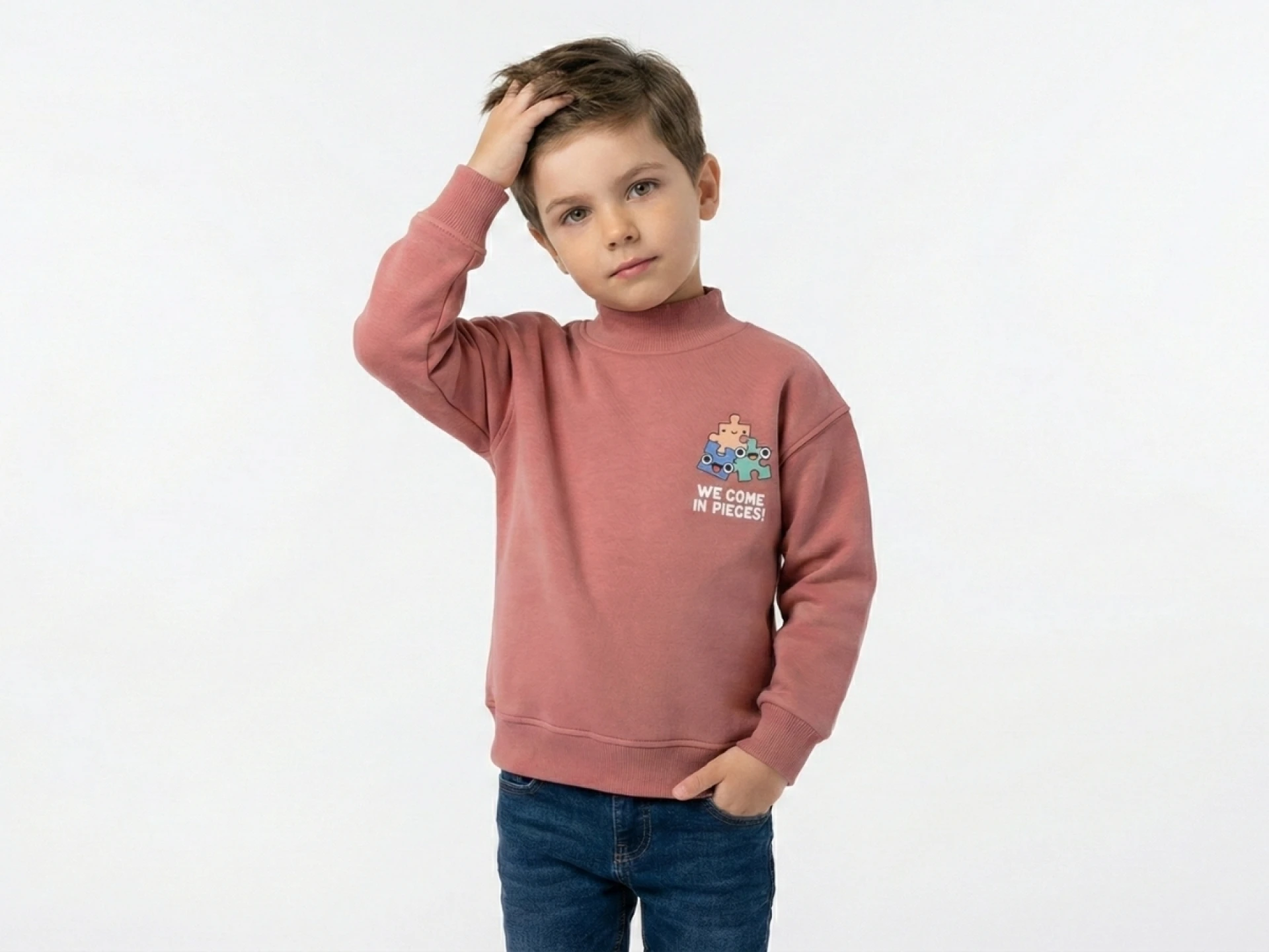 2/6 YAŞ 3 İP ŞARDONLU "We Come In Pieces" Puzzle Baskılı Erkek Çocuk Sweatshirt