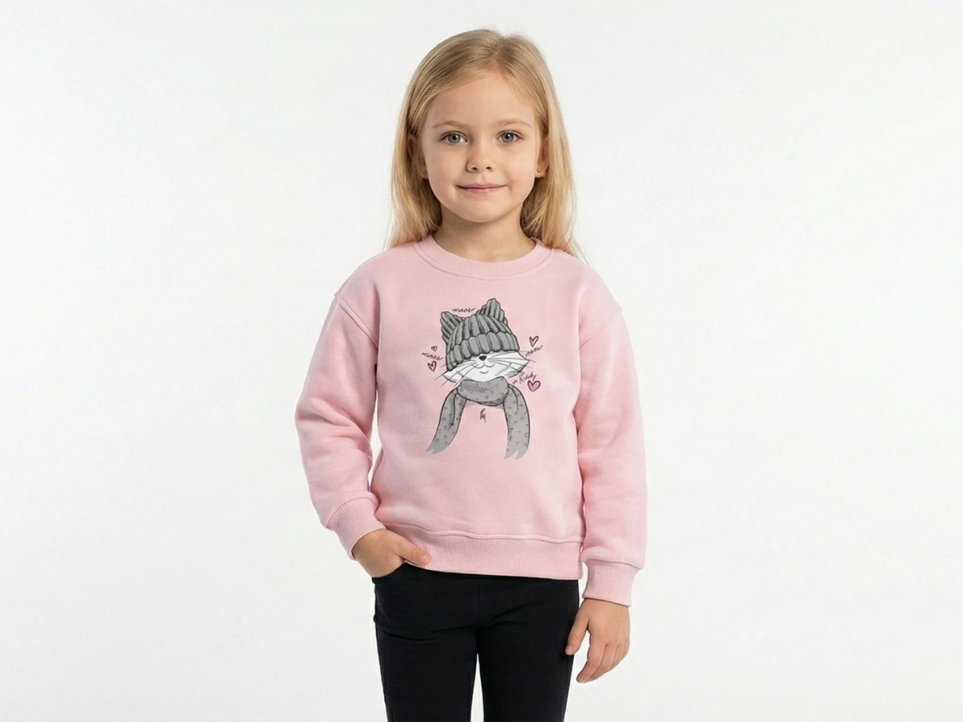 2/6 YAŞ 3 İP ŞARDONLU "Winter Cat" Temalı ve Bereli Kedi Baskılı Kız Çocuk Sweatshirt