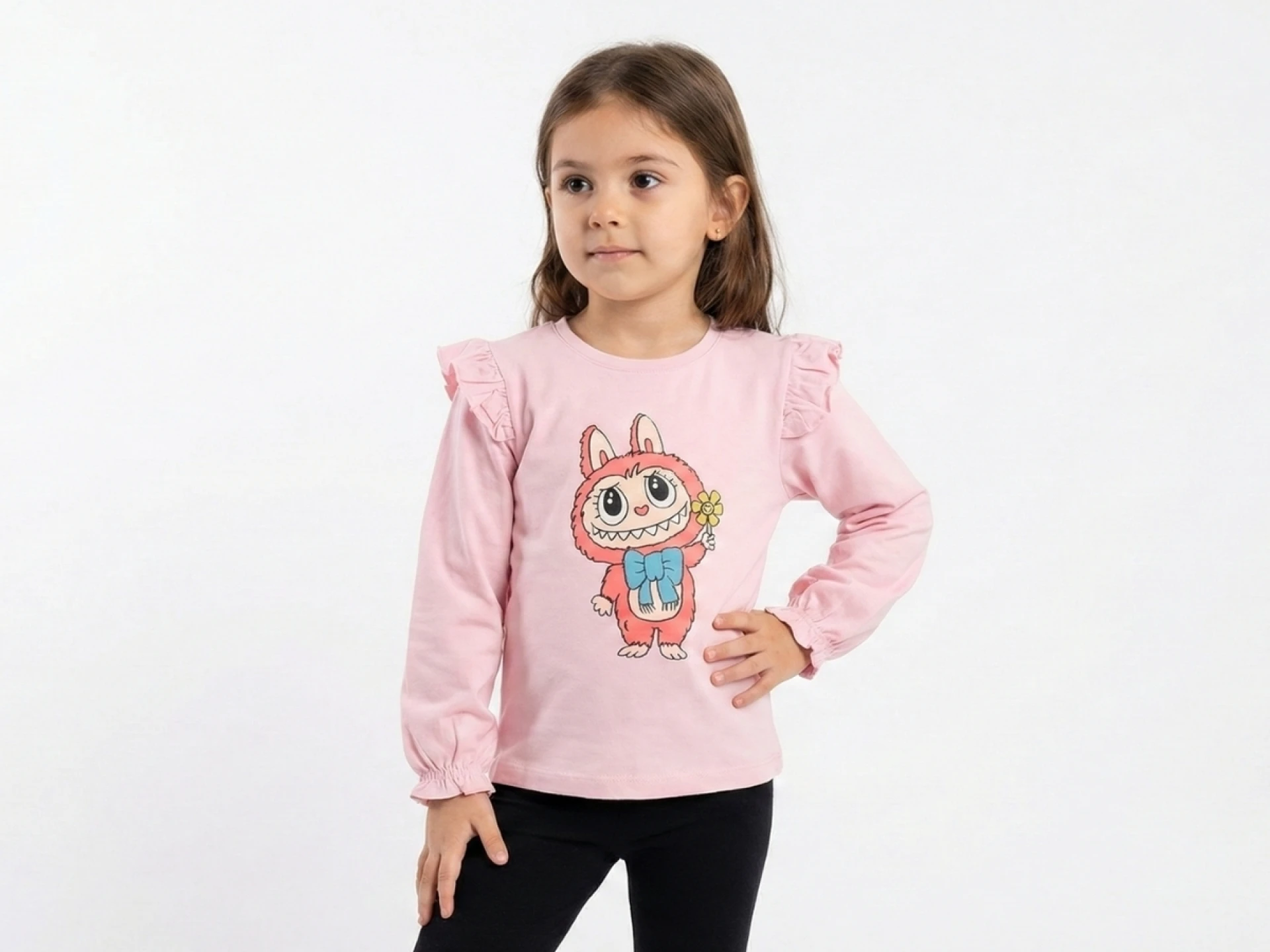 2/7 YAŞ 36/1 KOMPAKT PENYE Omuzları Fırfırlı ve Sevimli Karakter Baskılı Kız Çocuk Bluz