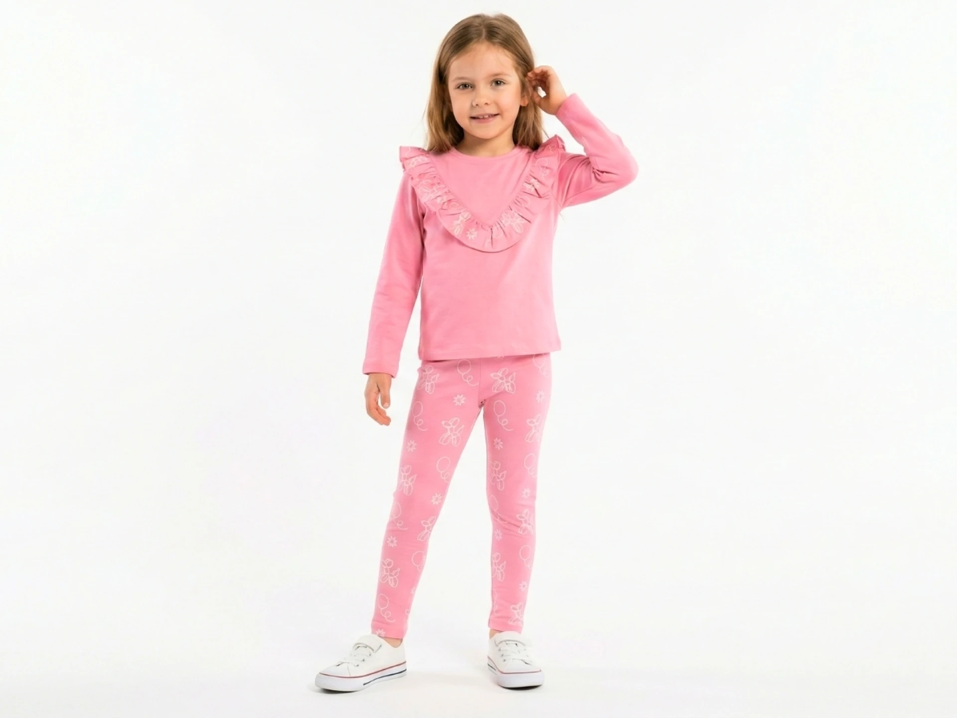 2/7 YAŞ 36/1 KOMPAKT Robadan Fırfırlı ve Balon Köpek Desenli Kız Çocuk Taytlı Takım