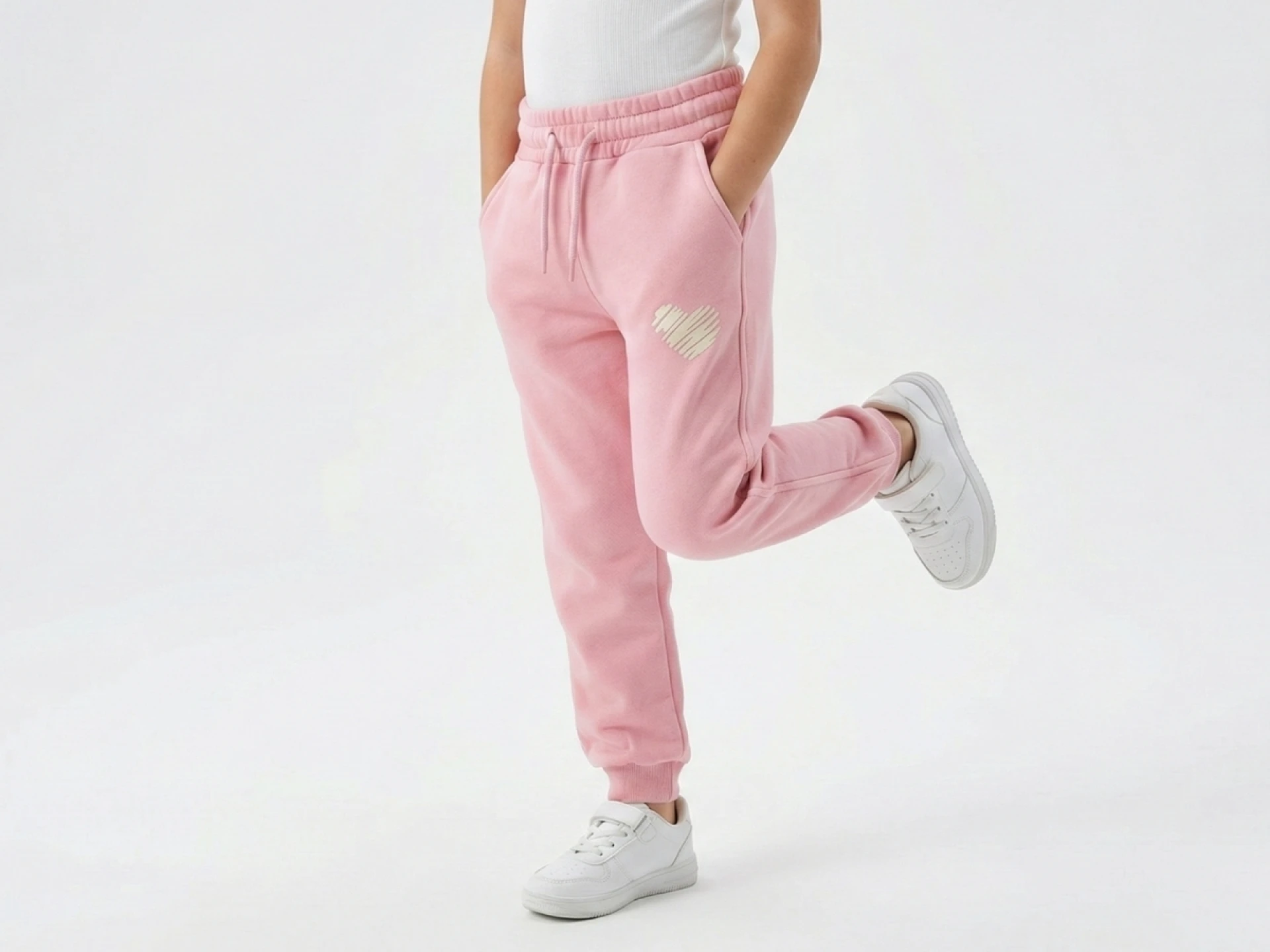 4/8 YAŞ 3 İP ŞARDONLU Eskiz Kalp Baskılı ve Bağcıklı Kız Çocuk Eşofman Altı