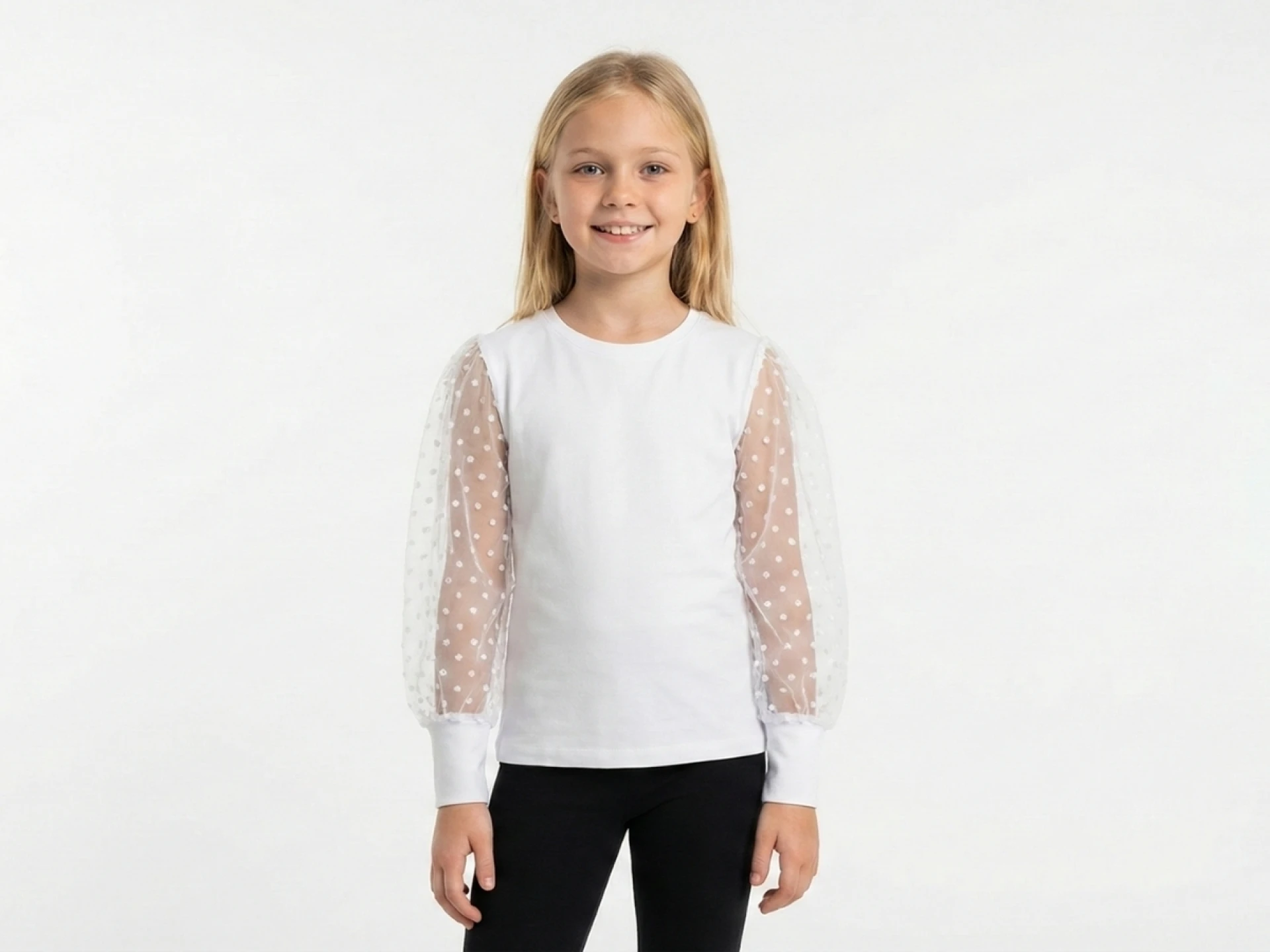 6/11 YAŞ 30/1 KOMPAK Puantiyeli Tül Kollu Kız Çocuk Okulluk Bluz
