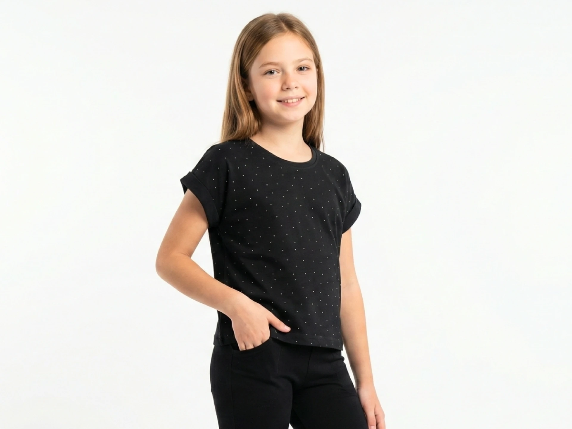 8/13 YAŞ 36/1 KOMPAKT Işıltılı Taş Detaylı ve Duble Kollu Kız Çocuk Tişört