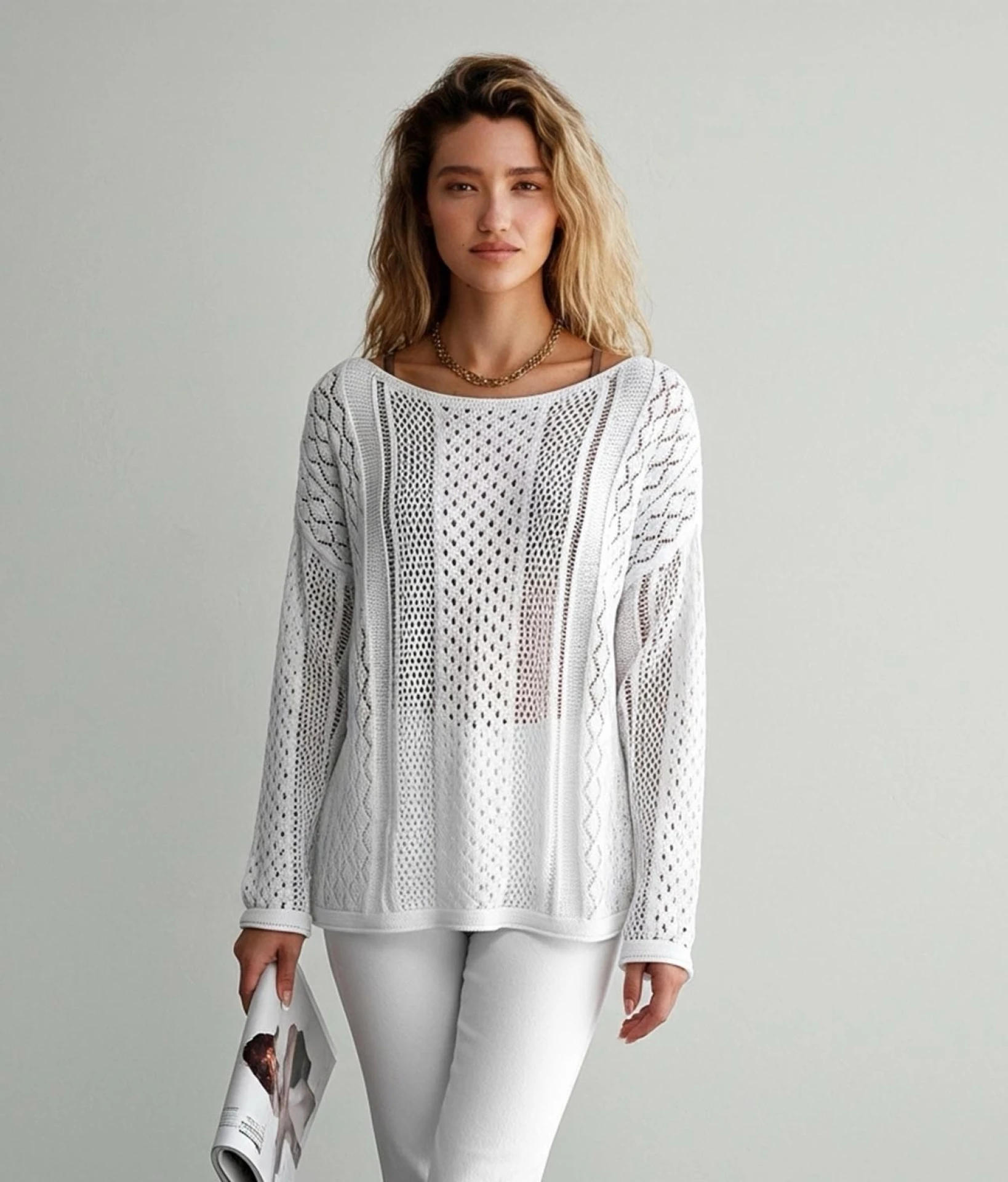 Açık Kırmızı Örgü Desenli Kazak