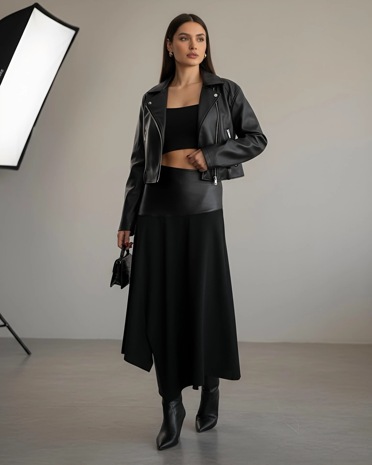 Deri Mix Garnili Yırtmaçlı Etek