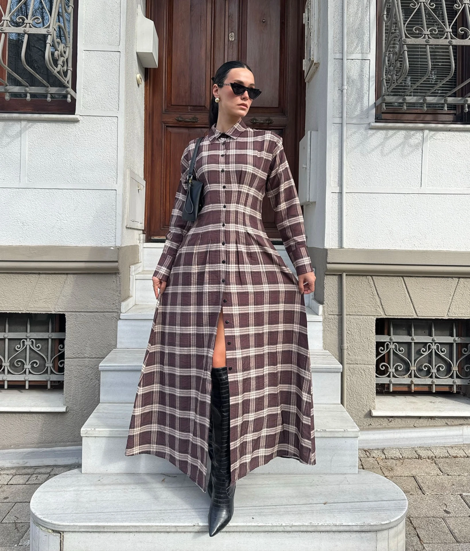 Ekose Düğmeli Uzun Elbise