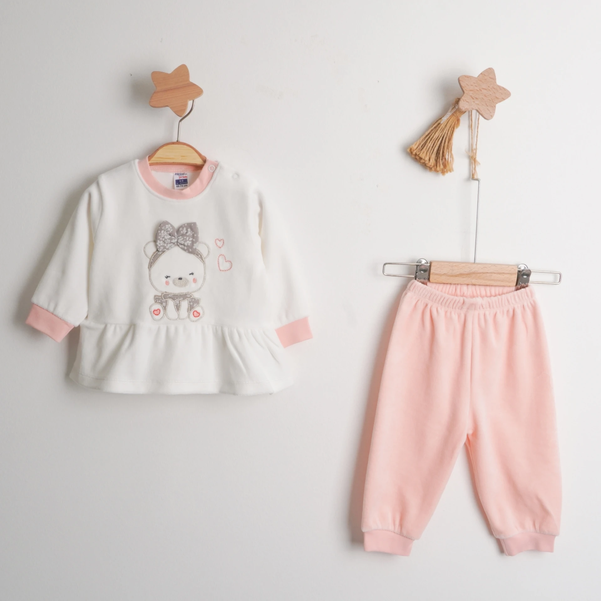 Hoppala 1963 3-6/6-9/9-12 Ay Bear Nakışlı Fiyonklu Kız Kadife İkili Takım