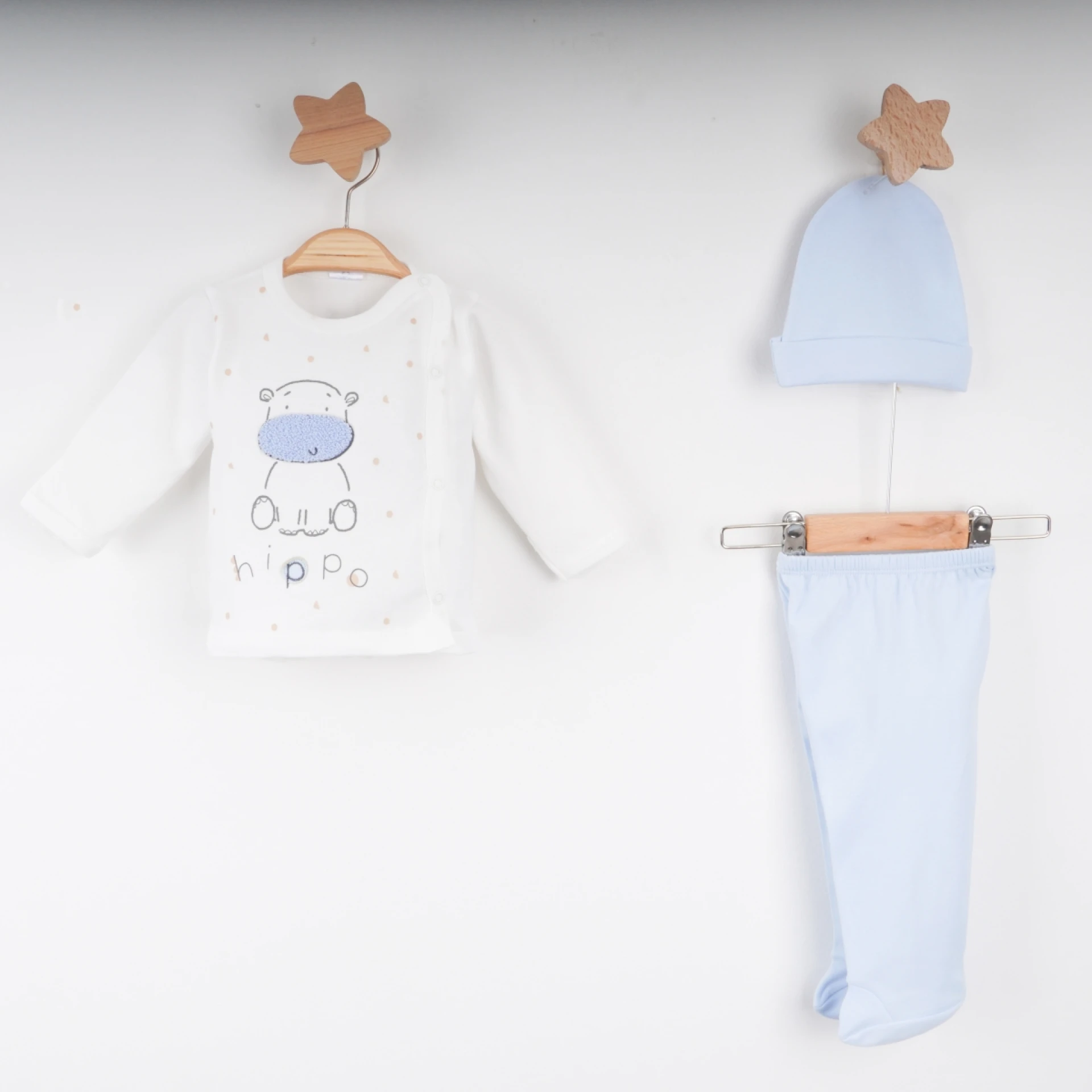 Hoppala 4068 0-3 Ay Hippo Baskılı Süzeneli Eldivenli Zıbın Takımı