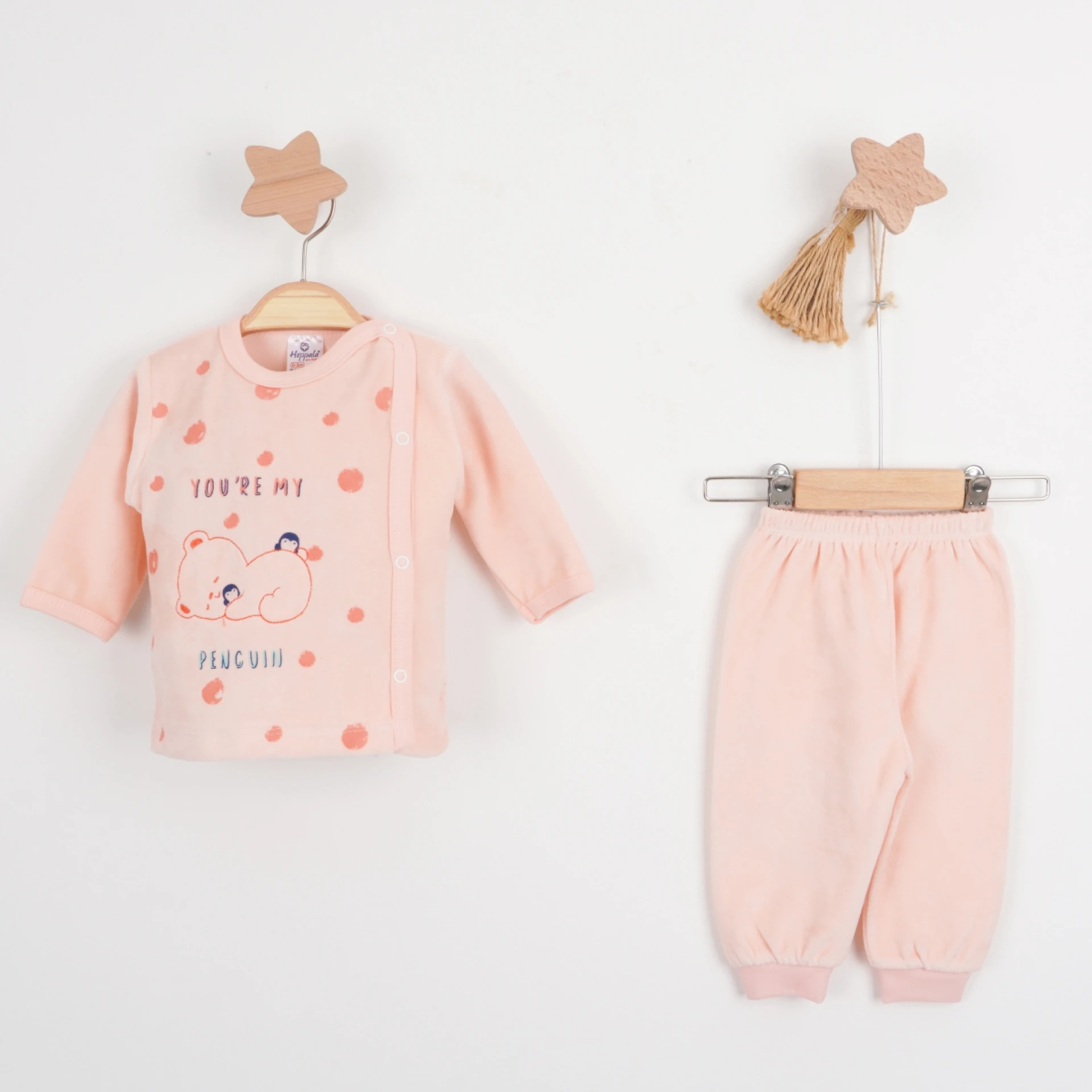 Hoppala 4088 0-3 Ay Penguen Nakışlı Manşetli Kadife Zıbın Takımı