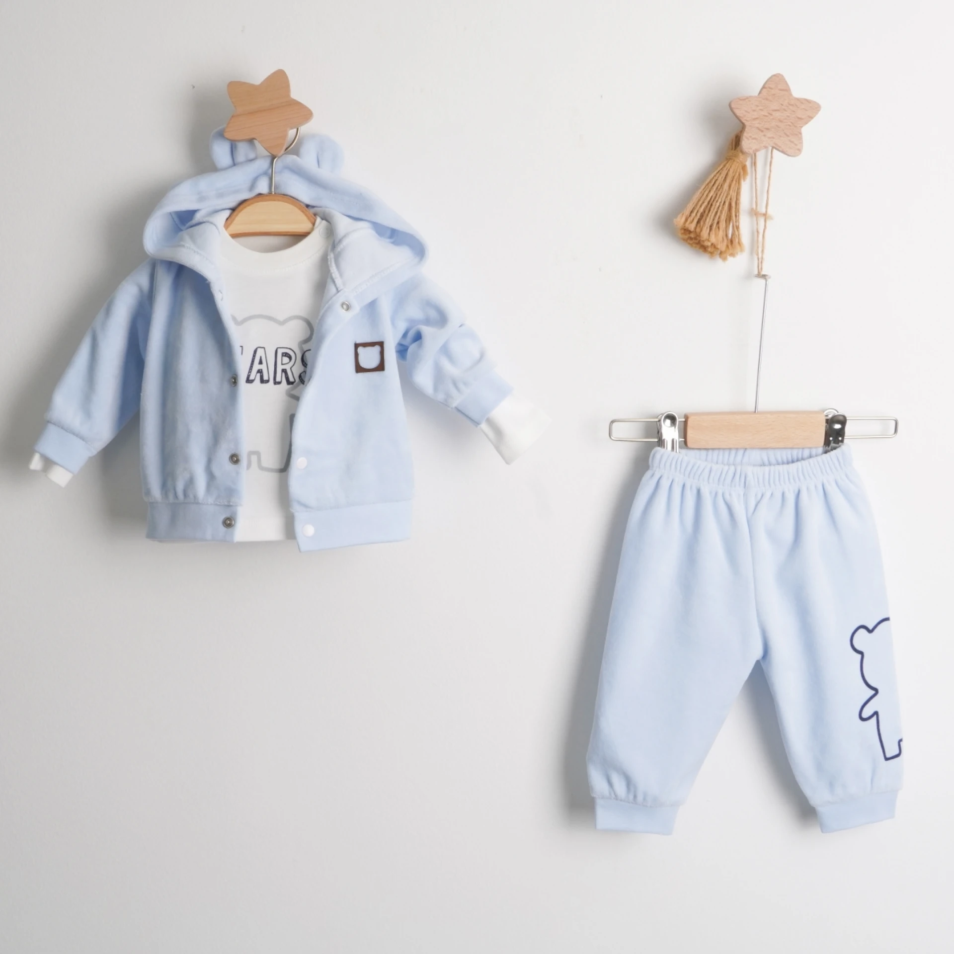 Hoppala 4151 Bears Baskılı Erkek Kadife Hırkalı Üçlü Takım