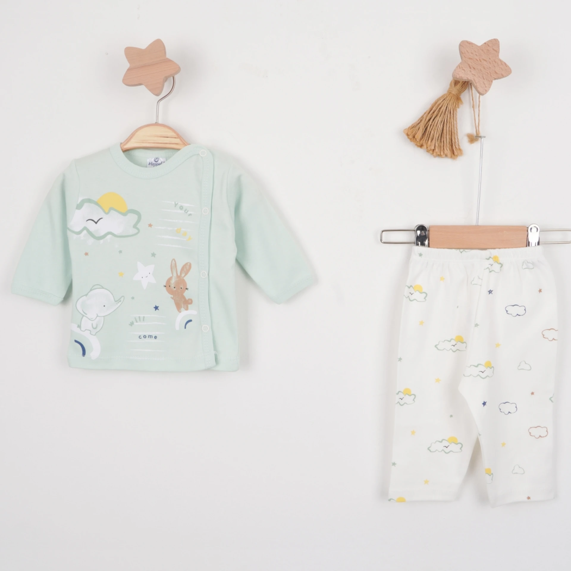 Hoppala 4416 0-3 Ay Bunny Elephant Baskılı Unisex Patiksiz Zıbın Takımı