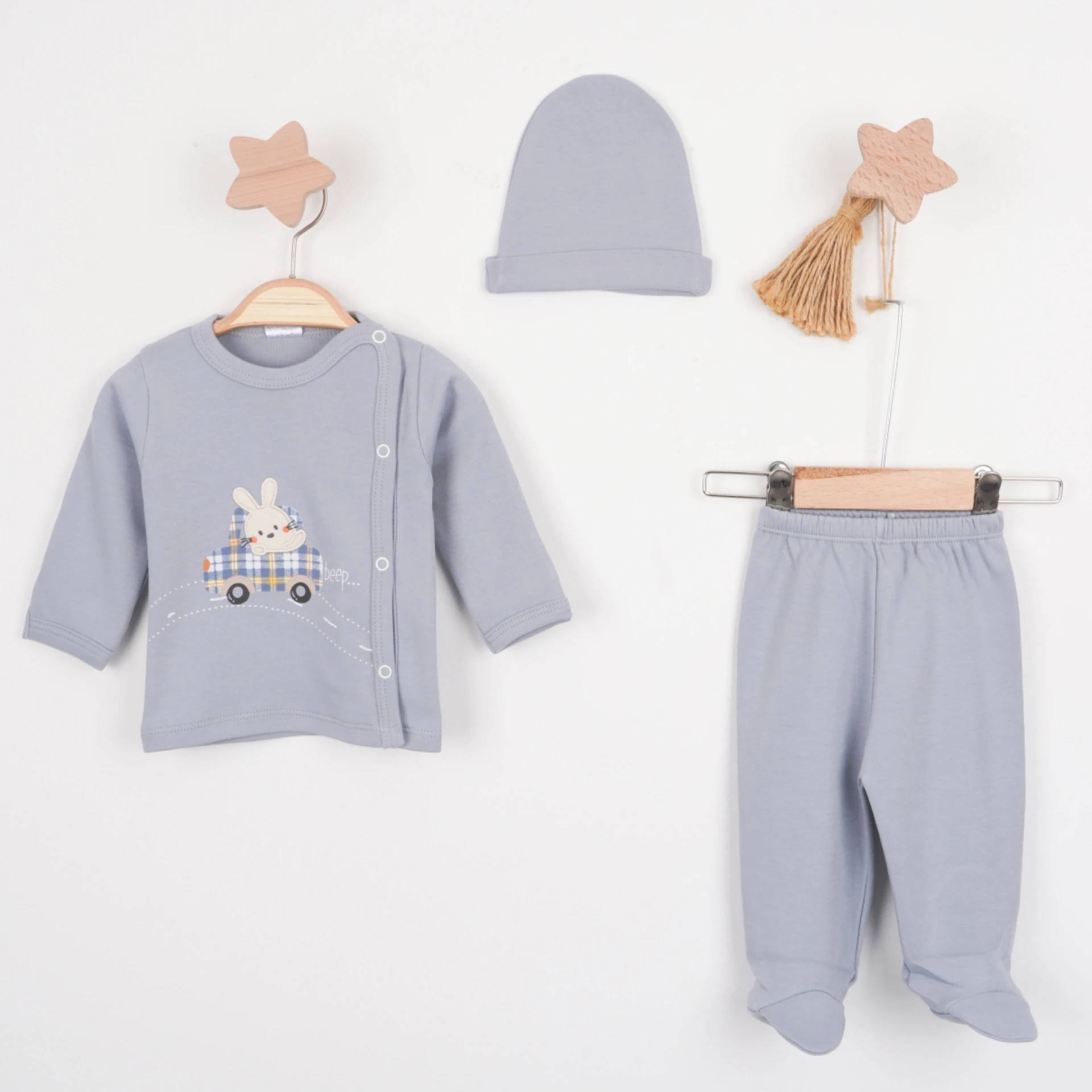 Hoppala 4439 0-3 Ay Bunny Nakışlı Arabalı Eldivenli Şapkalı Zıbın Takımı