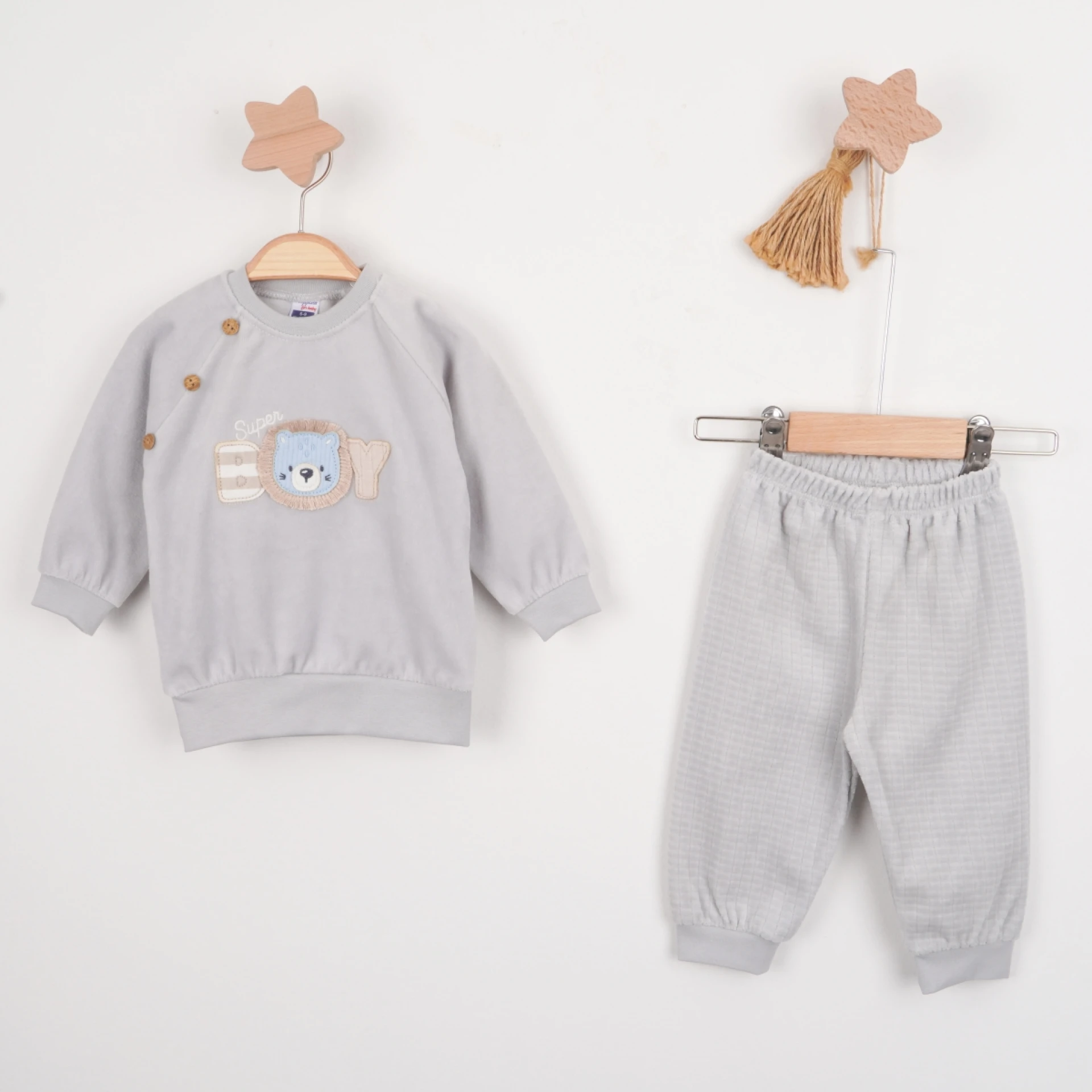 Hoppala 4602 3-6/6-9/9-12 Ay Lion Nakışlı Kadife Erkek İkili Takım