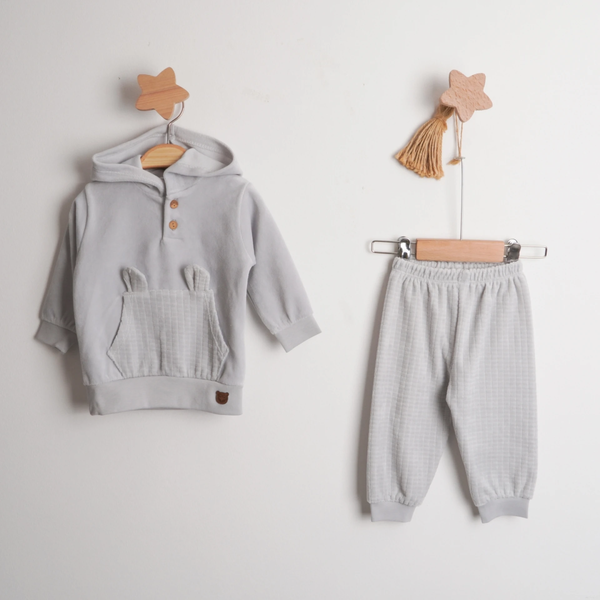 Hoppala 4603 3-6/6-9/9-12 Ay Kapüşonlu Cepli Kareli Erkek Kadife İkili Takım