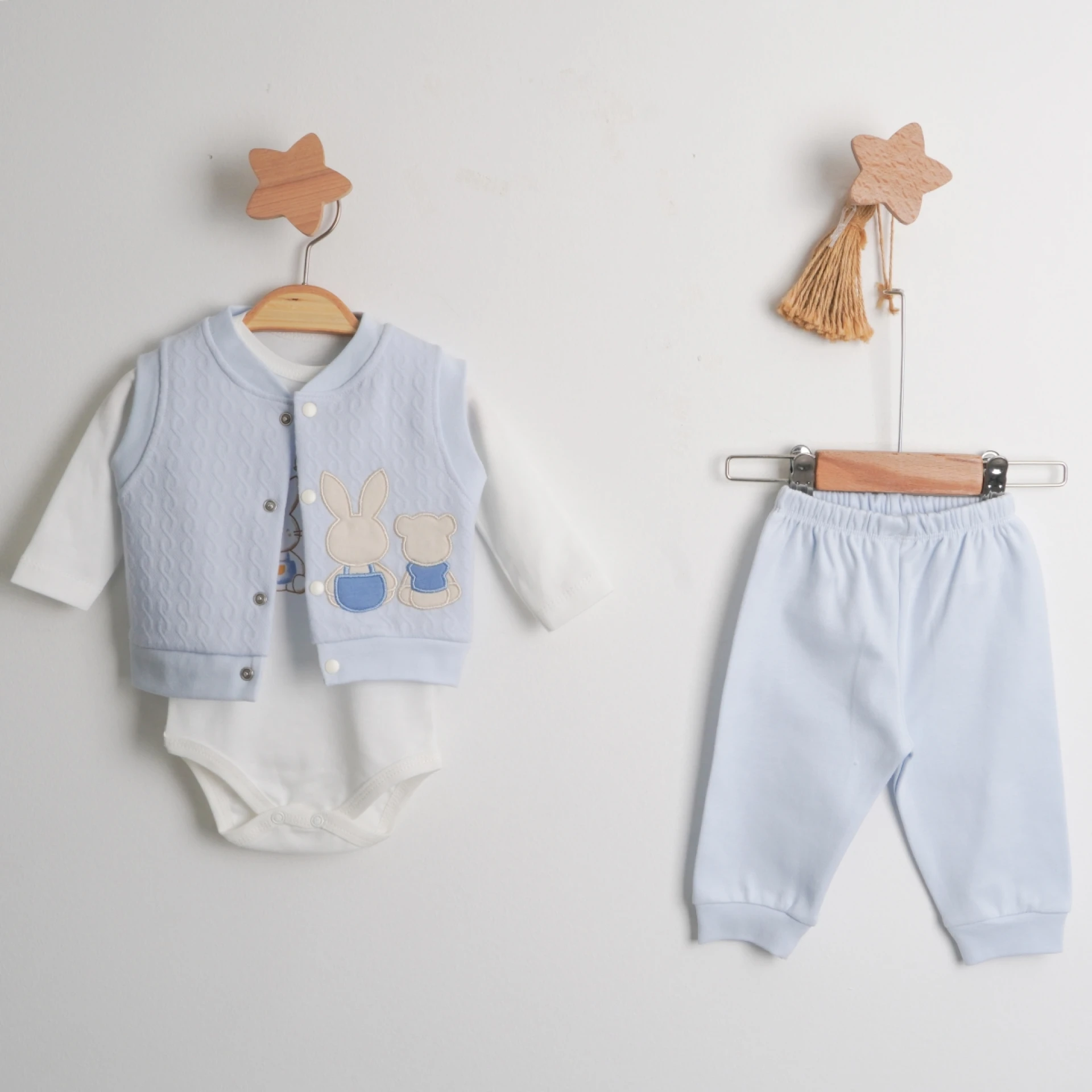 Hoppala 4652 3-6/6-9/9-12 Ay Bear Nakışlı Kapitone Yelekli Badili Üçlü Takım