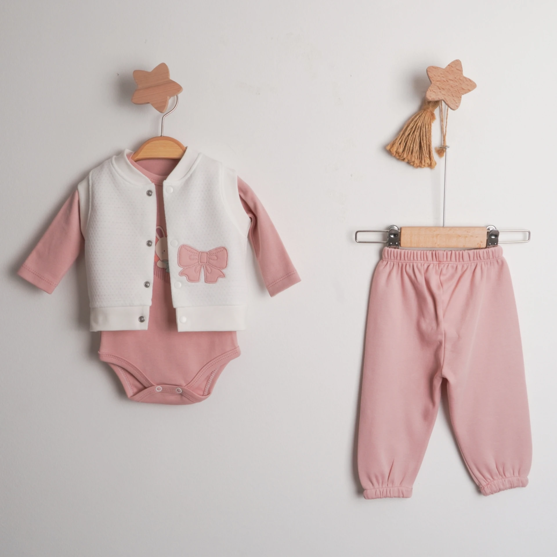 Hoppala 4653 Kız Fiyonk Nakışlı Kapitone Yelekli Badili Üçlü Takım