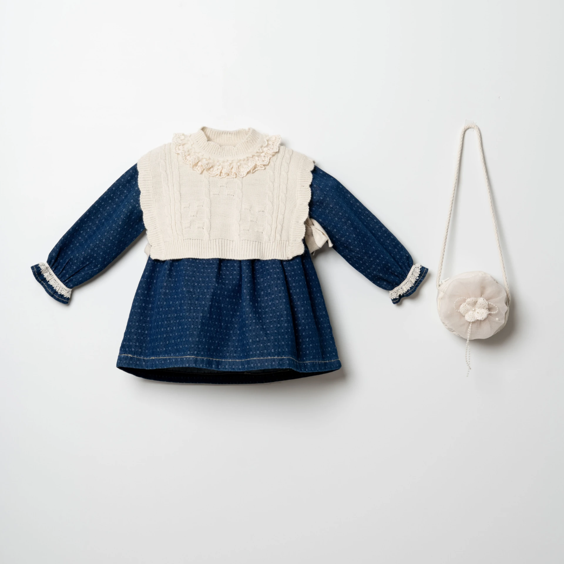 İNCİLİ SÜVETER DENİM ELBİSE TAKIM 