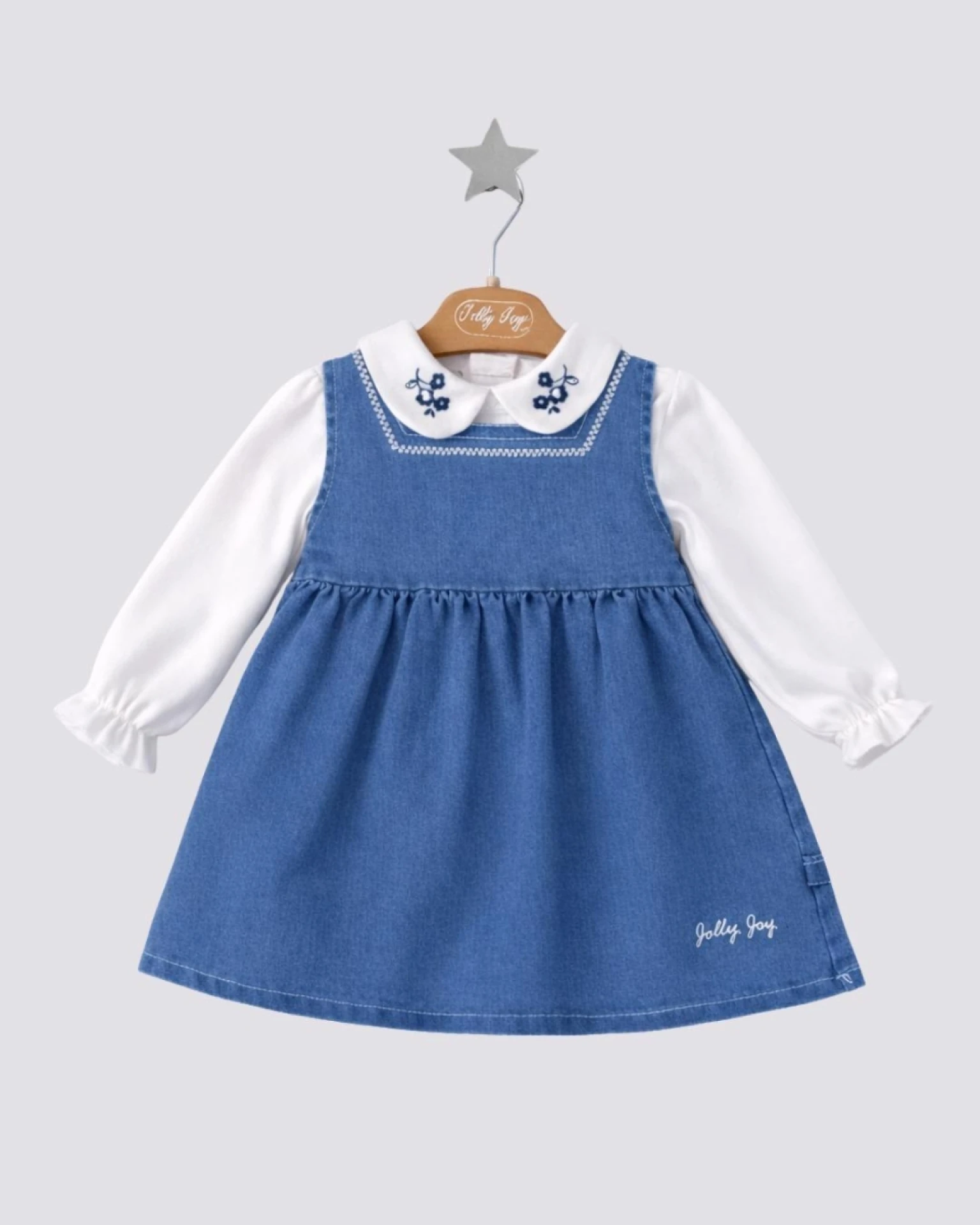 JOLLY JOY ÇİÇEK NAKIŞ YAKALI KIZ BEBE DENİM ELBİSE 6-9-12 AY