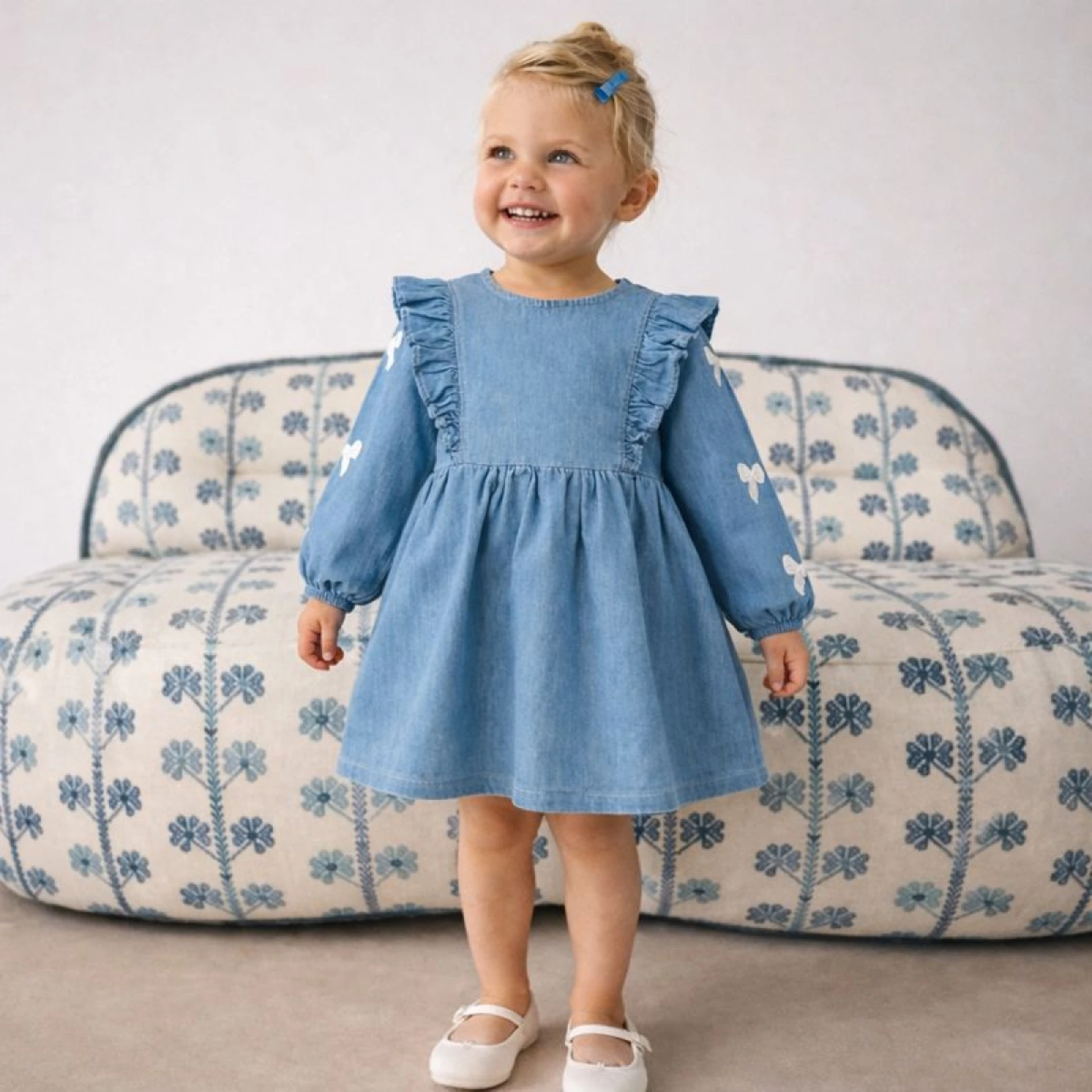 KIZ ÇOCUK 1-4 YAŞ NAKIŞLI TOKALI KOT ELBİSE