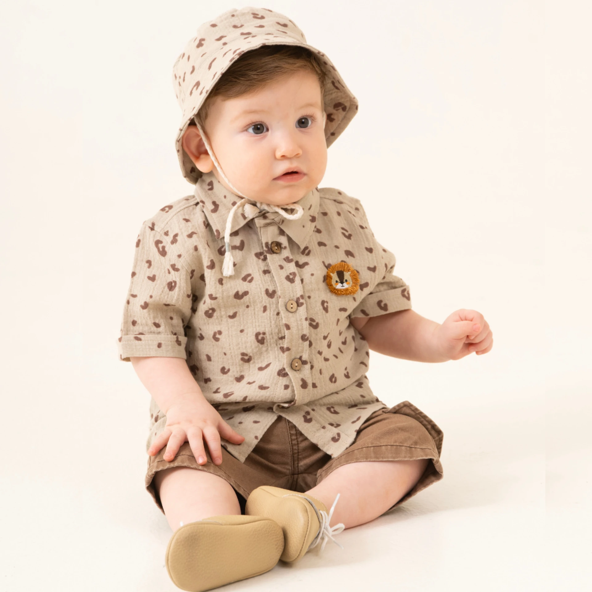 LEOPARLI MÜSLİN GÖMLEK BERMUDA ŞAPKA TAKIM 