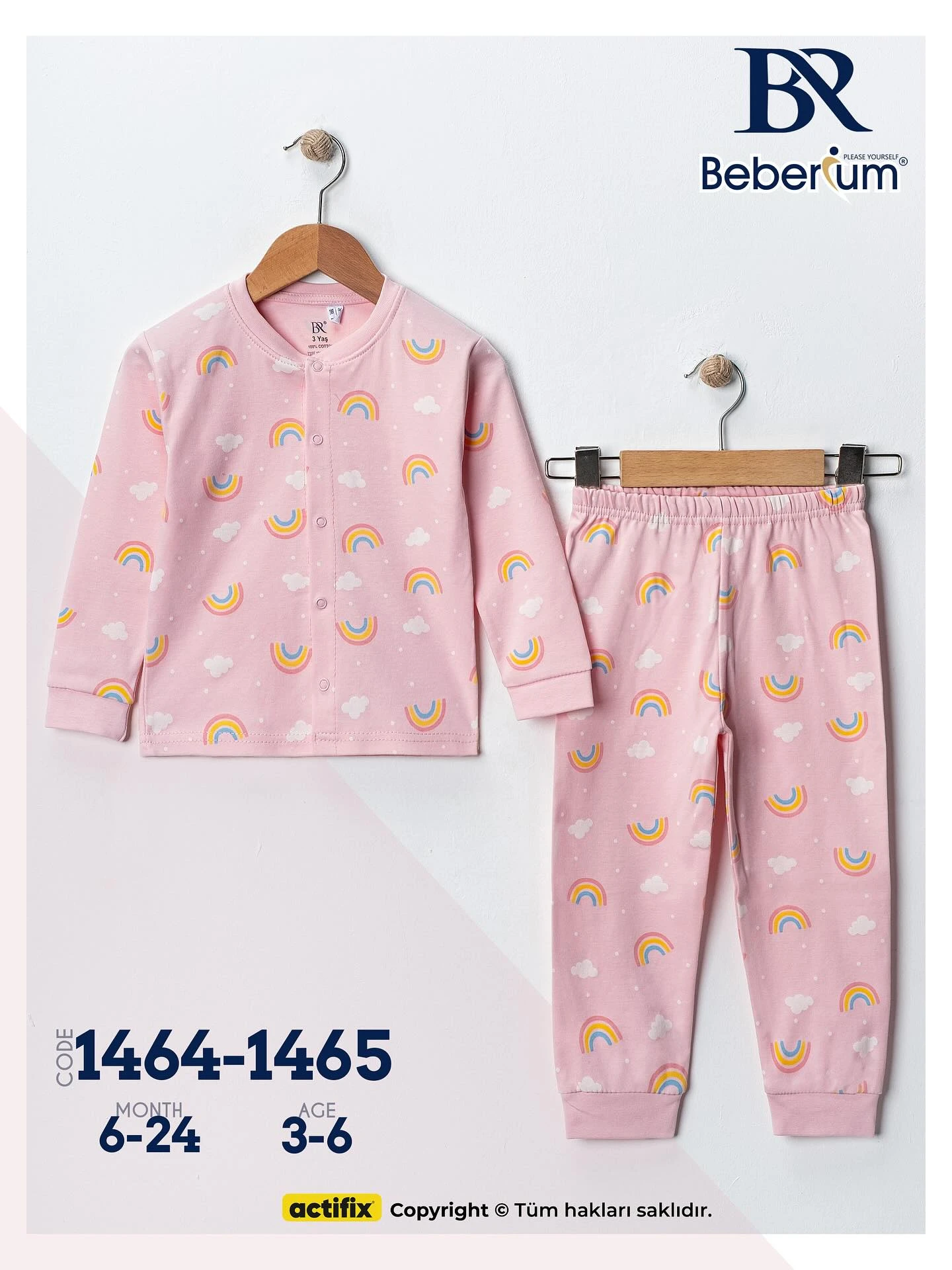 Pembe Bulut ve Gökkuşağı Desenli Pijama Takımı