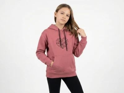 10/14 YAŞ 3 İP ŞARDONLU Geometrik Kalp Baskılı ve Kapüşonlu Kız Çocuk Sweatshirt