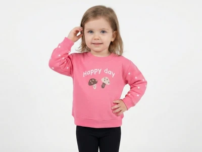 1/4 YAŞ 3 İP ŞARDONLU "Happy Day" Yazılı ve Puantiyeli Kollu Kız Çocuk Sweatshirt