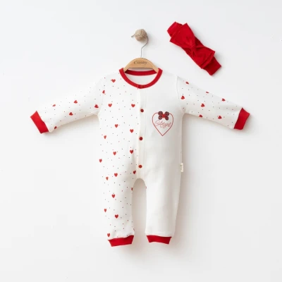 COŞAY BEBE KIZ 6-9-12 AY FİYONKLU KALP BASKILI TULUM