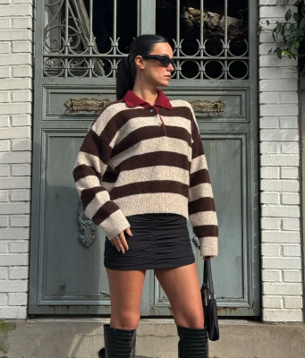 Çizgili Polo Yaka Triko Kazak