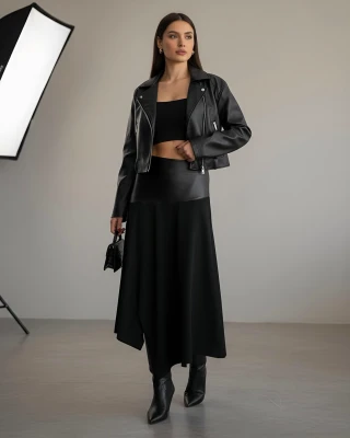 Deri Mix Garnili Yırtmaçlı Etek