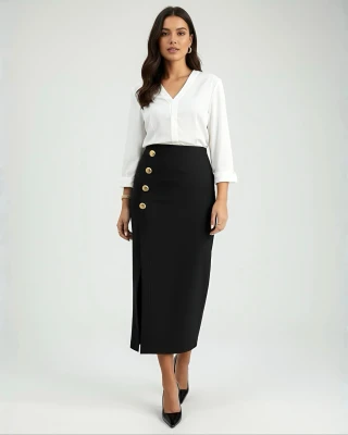 Dört Düğme Yırtmaçlı Kalem Etek