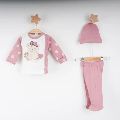 Hoppala 4056 0-3 Ay Fiyonklu Süzene Bear Baskılı Kız Eldivenli Zıbın Takımı