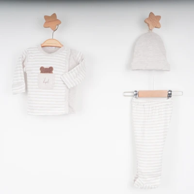 Hoppala 4408 0-3 Ay HPL Nakışlı Cepli Melanj Unisex Eldivenli Zıbın takımı