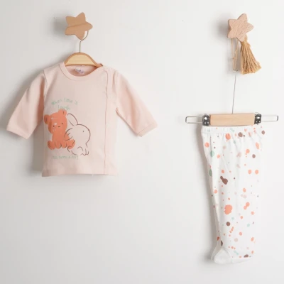 Hoppala 4410 0-3 Ay Bear Bunny Baskılı Unisex Patikli Zıbın Takımı