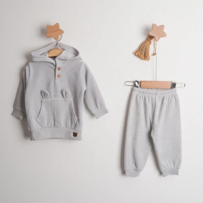 Hoppala 4603 3-6/6-9/9-12 Ay Kapüşonlu Cepli Kareli Erkek Kadife İkili Takım