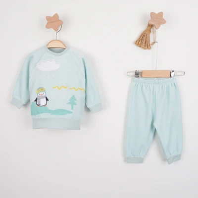 Hoppala 4606 3-6/6-9/9-12 Ay Penguen Nakışlı Unisex Kadife İkili Takım