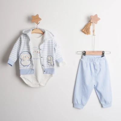 Hoppala 4651 Penguen Nakışlı Unisex Badili Hırkalı Üçlü Kadife Takım