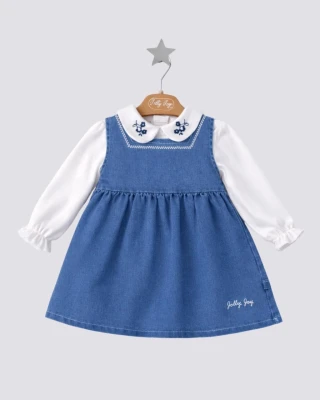JOLLY JOY ÇİÇEK NAKIŞ YAKALI KIZ BEBE DENİM ELBİSE 6-9-12 AY