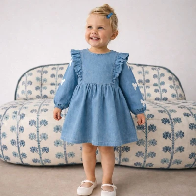 KIZ ÇOCUK 1-4 YAŞ NAKIŞLI TOKALI KOT ELBİSE